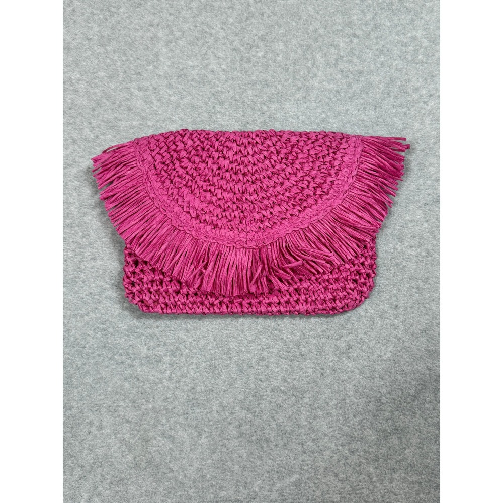 btb Los Angeles Hot Pink Woven Straw Fringe Clutch Bag Raffia Summer Travel